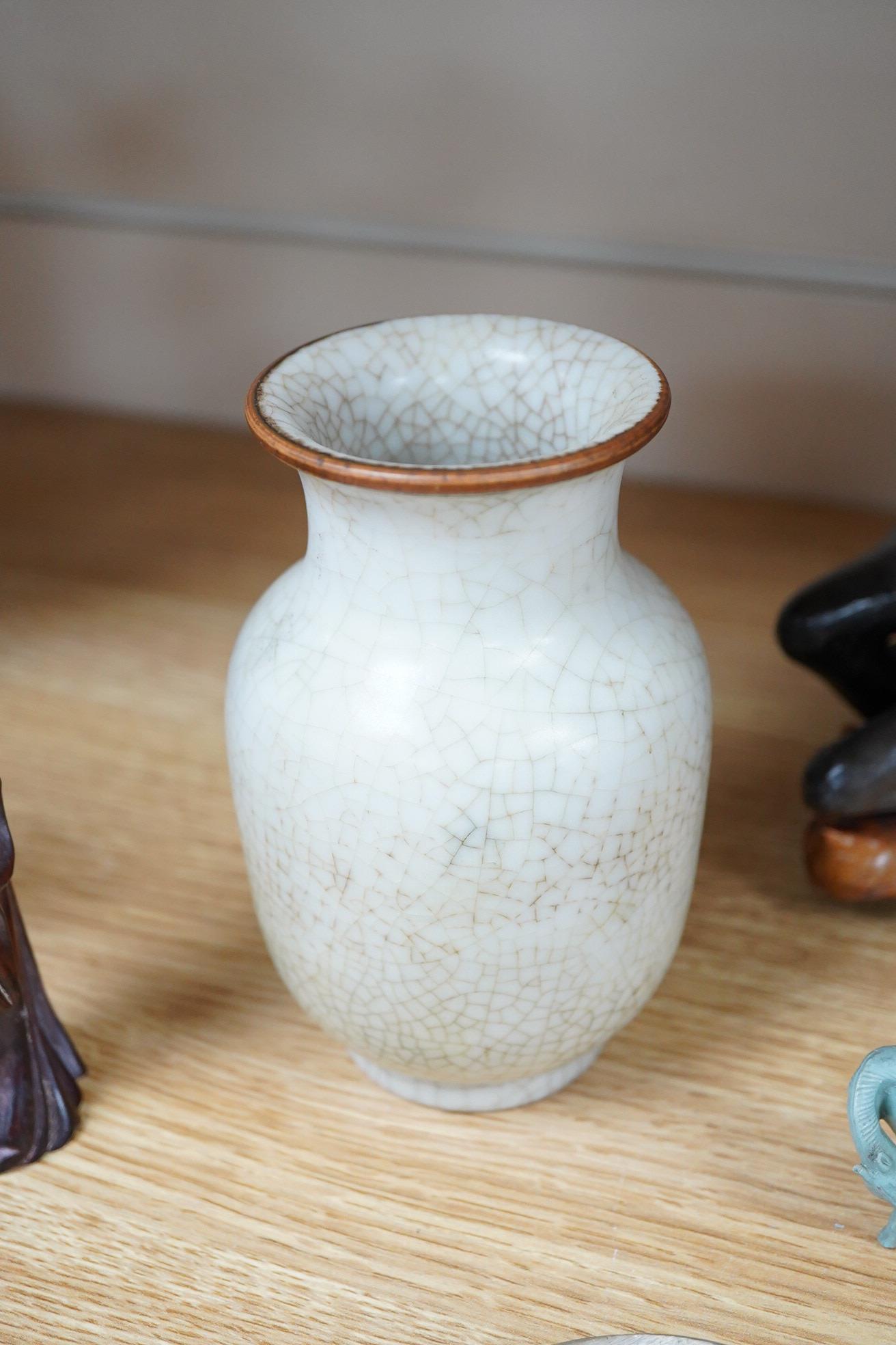 A group of Chinese collectables to include a soapstone carving of a ram, crackle glaze vase and figures of elders, largest 23cm wide